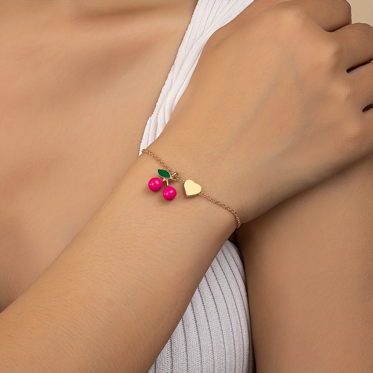 Women's Cherry Bracelet with Red Heart Pendant Anklet